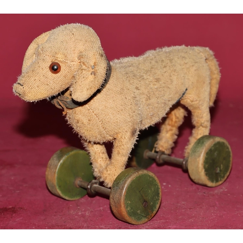 653 - An early pre-war Steiff Dachshund pull toy (1 glass eye missing and worn all over) on green painted ... 