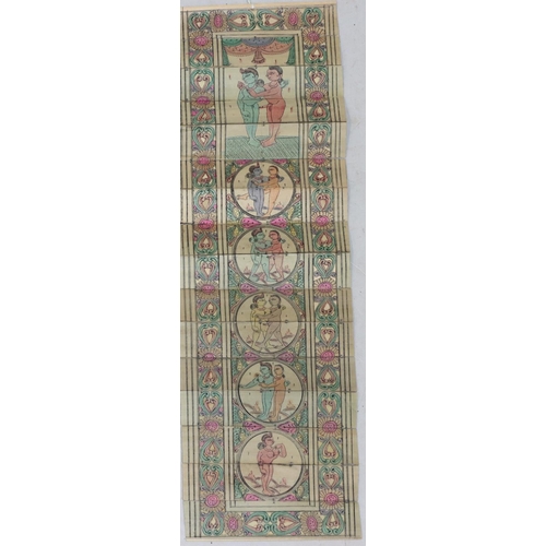 681 - 2 Eastern slatted concertina action panels depicting Karma Sutra, 42cm high, 13cm wide and another s... 