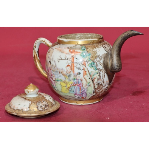 69 - An 18th/19th Century Chinese export round bulbous shaped teapot with silver coloured metal spout, on... 