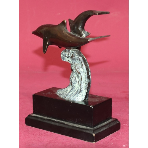 706 - A reproduction bronze group of 2 dolphins on black rectangular base, 19.5cm high