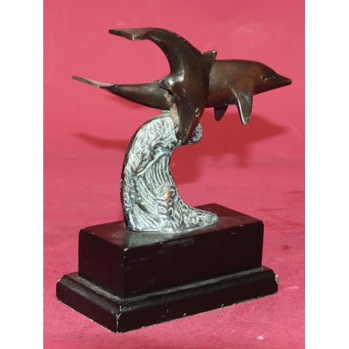 706 - A reproduction bronze group of 2 dolphins on black rectangular base, 19.5cm high