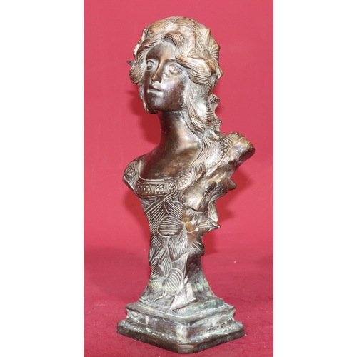 722 - A reproduction bronze bust of a young lady on square base, 34.5cm high