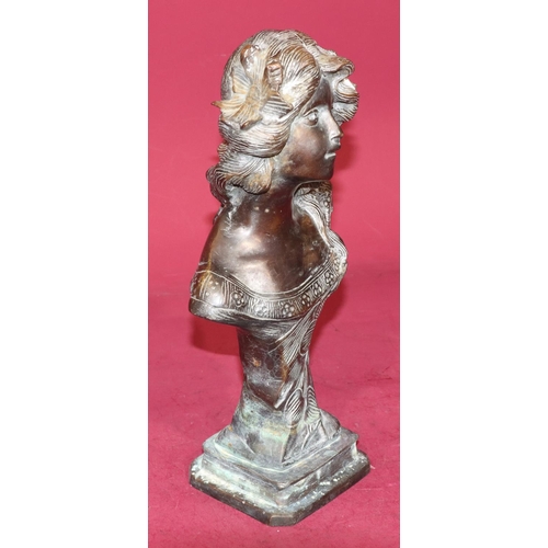 722 - A reproduction bronze bust of a young lady on square base, 34.5cm high