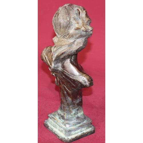 722 - A reproduction bronze bust of a young lady on square base, 34.5cm high