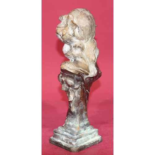 722 - A reproduction bronze bust of a young lady on square base, 34.5cm high