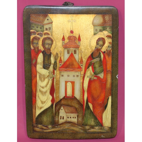 726 - A reproduction Continental icon with religious figures and building decoration, 27.5cm high, 19cm wi... 