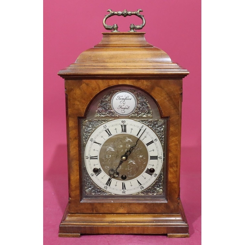 741 - Perivale walnut 8-day striking Westminster chime half-strike bracket clock with brass arched dial, s... 