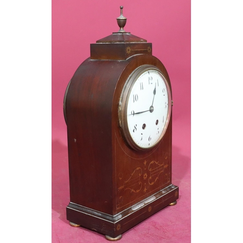 742 - G. B & E Edwardian mahogany 8-day striking mantel clock with marquetry scroll, floral and stringing ... 