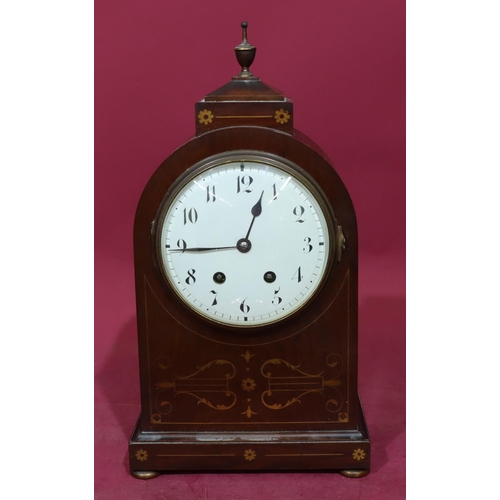 742 - G. B & E Edwardian mahogany 8-day striking mantel clock with marquetry scroll, floral and stringing ... 