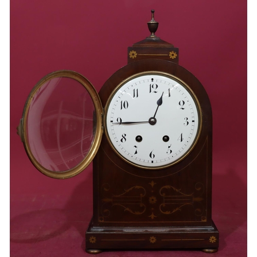 742 - G. B & E Edwardian mahogany 8-day striking mantel clock with marquetry scroll, floral and stringing ... 