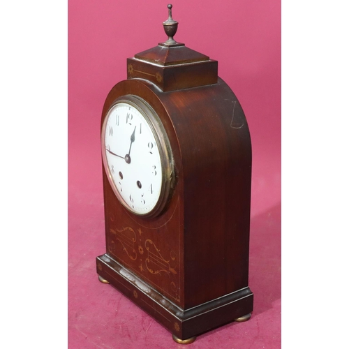 742 - G. B & E Edwardian mahogany 8-day striking mantel clock with marquetry scroll, floral and stringing ... 