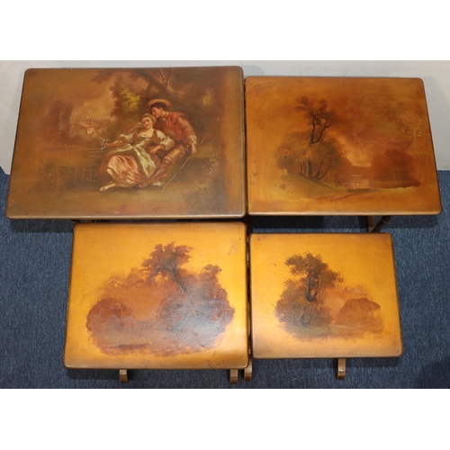 751 - A nest of quartetto lacquered rectangular shaped coffee tables depicting figure and landscape decora... 