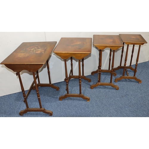 751 - A nest of quartetto lacquered rectangular shaped coffee tables depicting figure and landscape decora... 