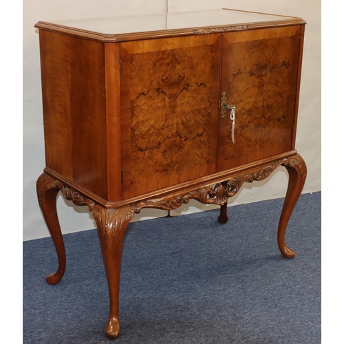 759 - A reproduction burr walnut cocktail cabinet with glass top, 2 panel doors on cabriole legs, 95cm wid... 