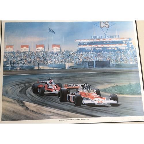 4255 - 2 limited edition racing prints, James Hunt, 1976 World Champion, McClaren M23, numbered 5/500, sign... 