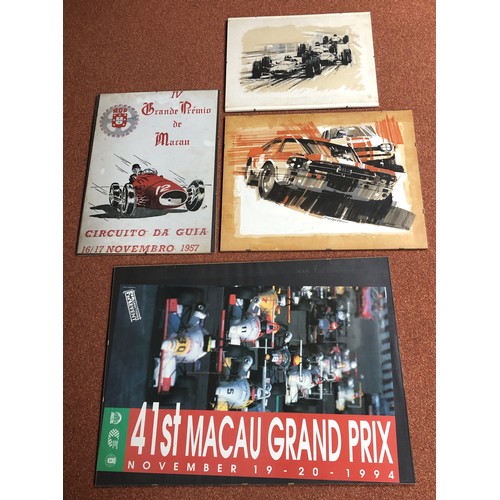 4256 - 4 Motor Racing posters in Perspex mounts, Grand Premio de Macau 1957, 2 of Racing Cars signed Dexter... 