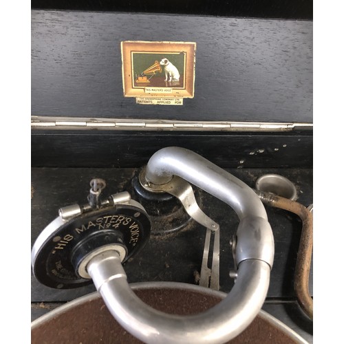 4264 - His Masters Voice Model 109 Gramophone in black painted wood case, with winder and spare needles (wo... 