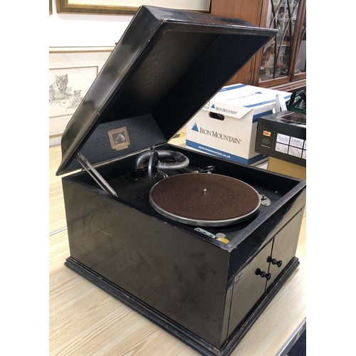 4264 - His Masters Voice Model 109 Gramophone in black painted wood case, with winder and spare needles (wo... 