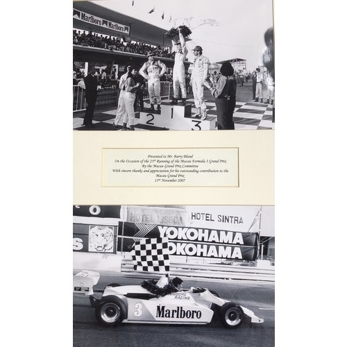 4278 - 2 black and white prints of Grand Prix podium and a race car with presentation label for 15th Novemb... 