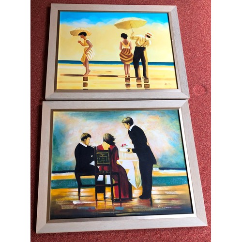 4261 - A pair of pictures, 1 depicting couple at a table with waiter C. Bain signature to corner and 1 of p... 