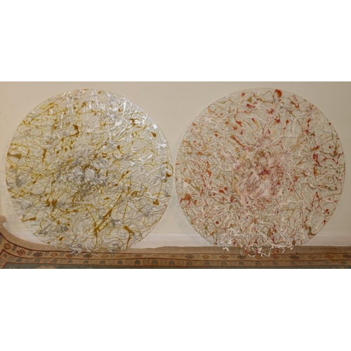 4293 - 2 circular acrylic modern abstract wall hangings, Emma R label to backs, each 77cm diameter. (This i... 