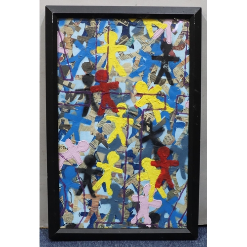 7202 - An abstract collage depicting figures, 52cm x 32cm, in black frame