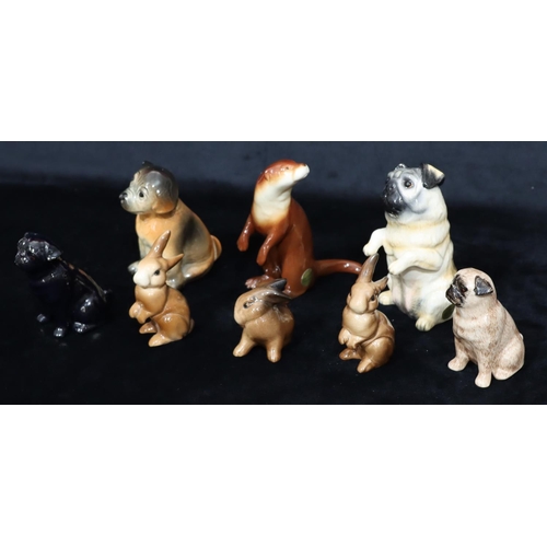 7208 - 3 Beswick small figures of rabbits (1 crack to base), a pair of china salt and pepper pots in the fo... 