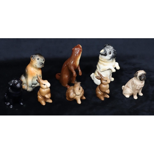 7208 - 3 Beswick small figures of rabbits (1 crack to base), a pair of china salt and pepper pots in the fo... 