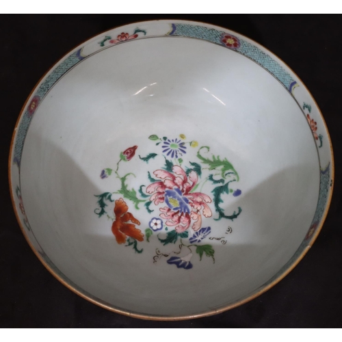 130 - A 19th Century Chinese round bowl with multi-coloured floral, leaf and scroll decoration (rim cracke... 