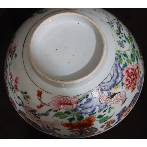 130 - A 19th Century Chinese round bowl with multi-coloured floral, leaf and scroll decoration (rim cracke... 