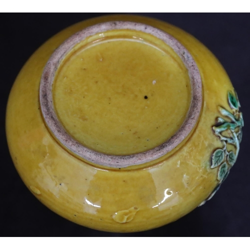 136 - An Oriental small round bulbous thin necked vase on yellow ground with raised multi-coloured floral ... 