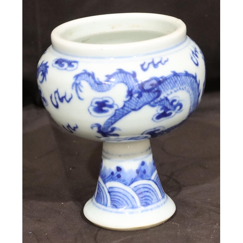 137 - A 19th Century Oriental blue and white round bulbous shaped pot with dragon decoration, on round tap... 