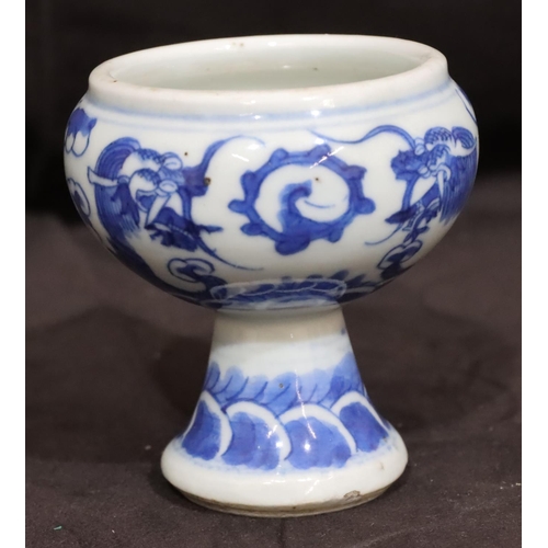 138 - A 19th Century small round bulbous shaped pot on blue and white ground with dragon decoration, on ro... 