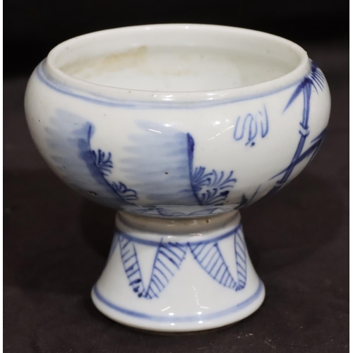 139 - A 19th Century Oriental blue and white round bulbous shaped pot with bamboo and landscape decoration... 