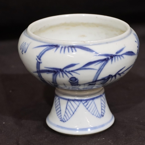 139 - A 19th Century Oriental blue and white round bulbous shaped pot with bamboo and landscape decoration... 