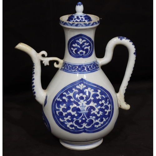 141 - An Oriental round bulbous shaped teapot on blue and white ground with scroll decoration, with cover,... 