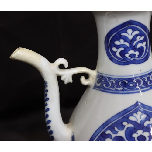 141 - An Oriental round bulbous shaped teapot on blue and white ground with scroll decoration, with cover,... 