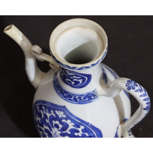 141 - An Oriental round bulbous shaped teapot on blue and white ground with scroll decoration, with cover,... 