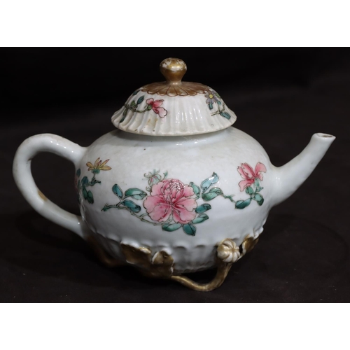 142 - A 19th Century Oriental small round bulbous shaped teapot with cover on white ground with multi-colo... 