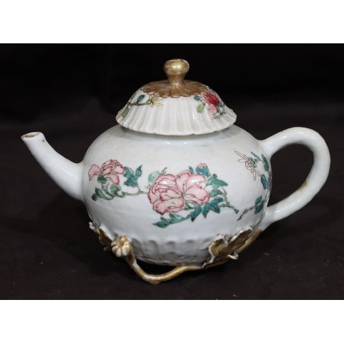 142 - A 19th Century Oriental small round bulbous shaped teapot with cover on white ground with multi-colo... 