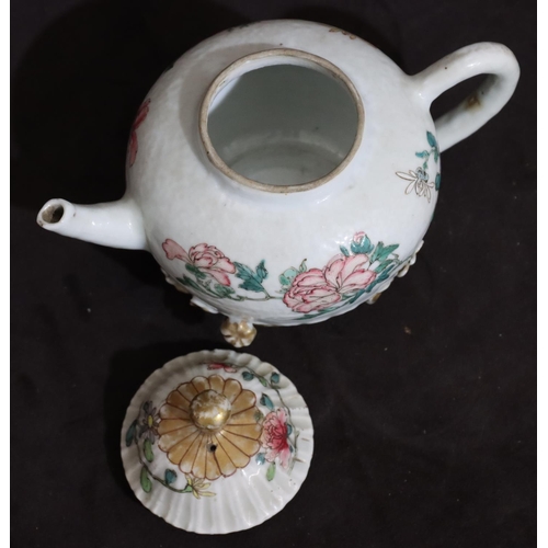 142 - A 19th Century Oriental small round bulbous shaped teapot with cover on white ground with multi-colo... 