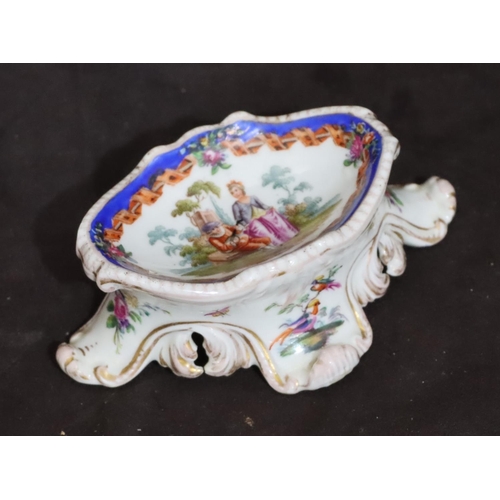 153 - A Meissen oval salt on white ground, later decorated with multi-coloured figure, bird and scroll dec... 