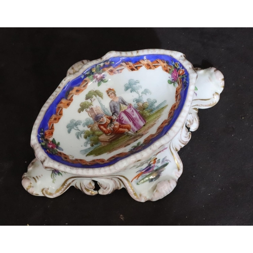 153 - A Meissen oval salt on white ground, later decorated with multi-coloured figure, bird and scroll dec... 