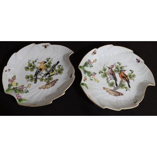 155 - A pair of 19th Century Meissen leaf shaped dishes on white ground with multi-coloured perched bird a... 