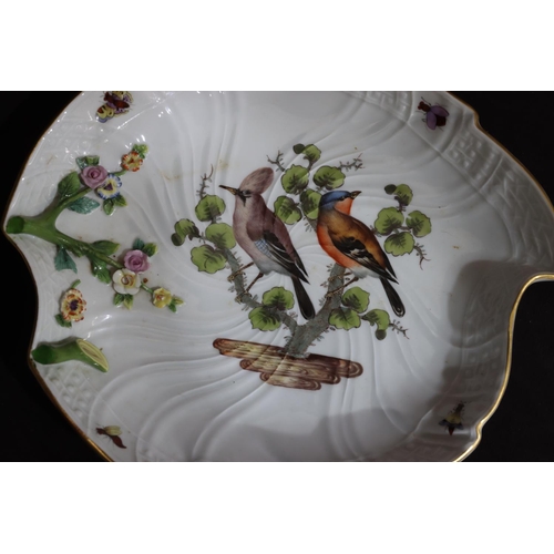 155 - A pair of 19th Century Meissen leaf shaped dishes on white ground with multi-coloured perched bird a... 