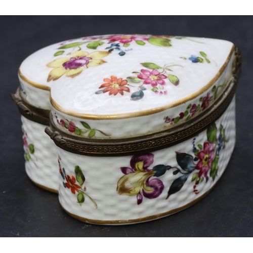 161 - A 19th/20th Century Continental porcelain heart shaped trinket box with basket weave decoration and ... 