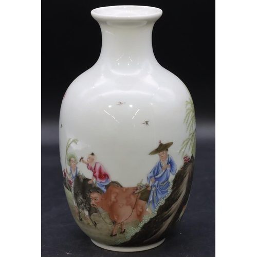 163 - An Oriental round bulbous thin necked vase on white ground with multi-coloured figure, landscape and...