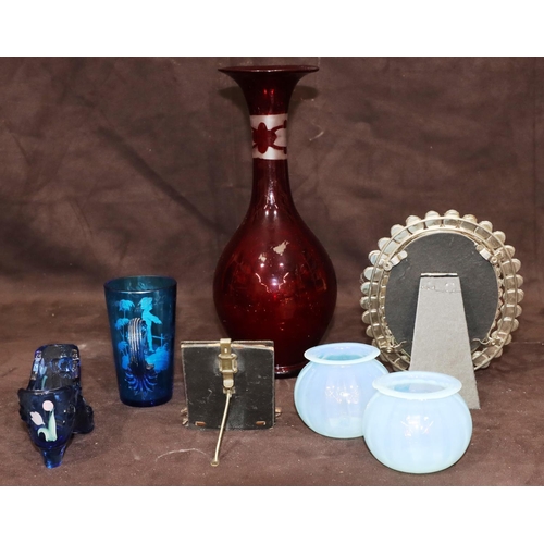 166 - A Mary Gregory blue glass mug depicting child, 10cm high, a milk glass small round bulbous shaped va... 