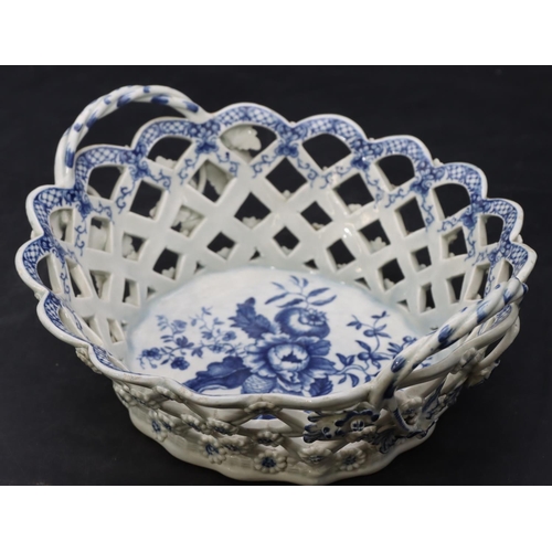 169 - An 18th Century Worcester blue and white oval 2-handled basket with pierced gallery and raised encru... 