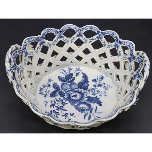 169 - An 18th Century Worcester blue and white oval 2-handled basket with pierced gallery and raised encru... 